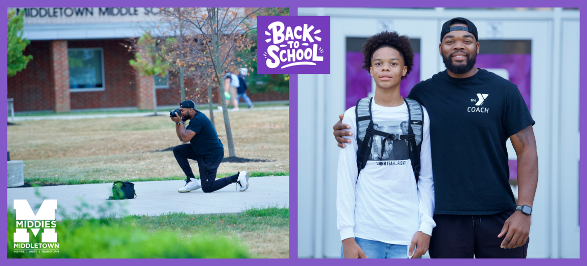 Two photos of freshman drop off at MHS